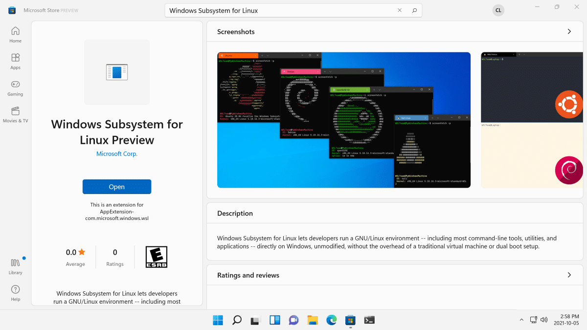 Linux 用 Windows サブシステムが Windows 11 用の Microsoft Store で入手可能になりました