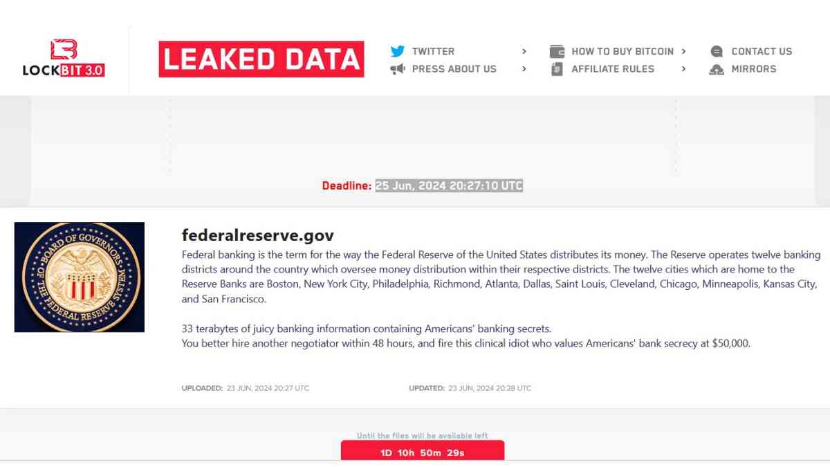 LockBit ランサムウェア、身代金目的で 33 TB の米国連邦準備制度データを保持